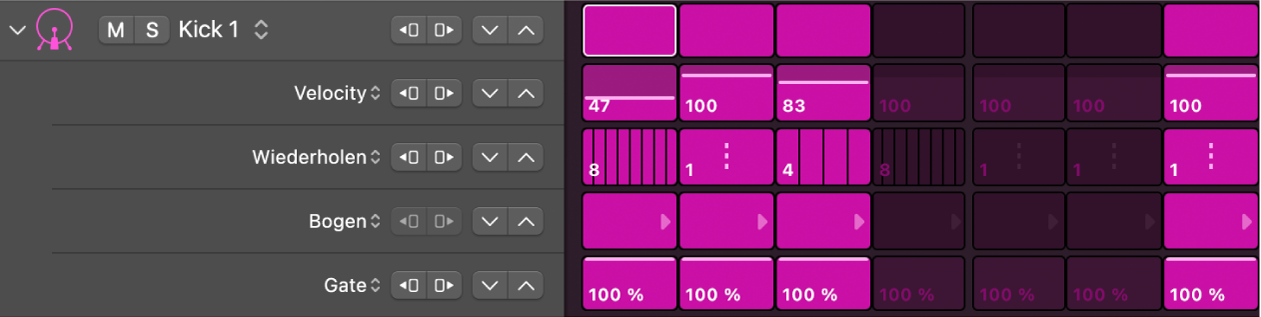 Step Sequencer-Zeile mit eingeblendeten Unterzeilen