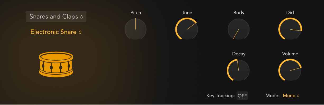 Abbildung. Bedienoberfläche von Drum Synth mit einem Snaredrum-Sound und den dazugehörigen Parametern Die Parameter ändern sich, wenn ein anderer Kickdrum-Sound gewählt wird.