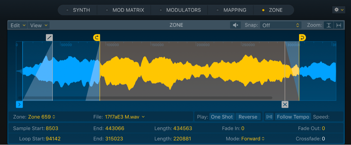 Figure. Sampler Zone pane, showing a waveform and all marker types.