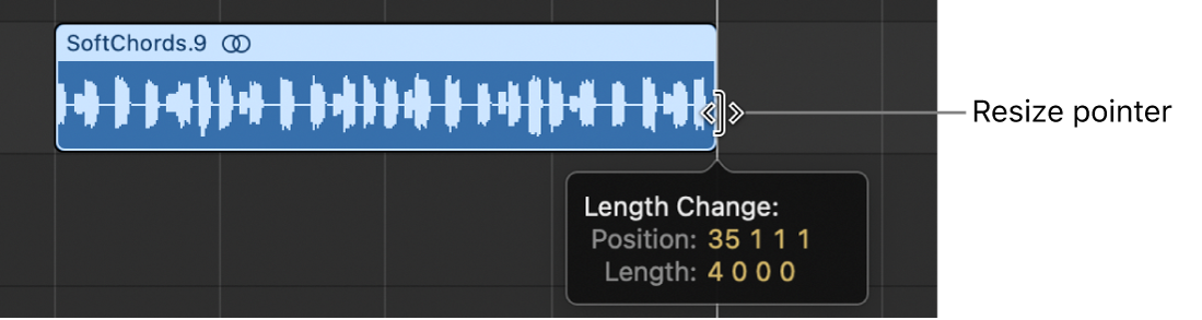 Figure. Resizing a region in the Tracks area. The Help tag shows the length of the region.