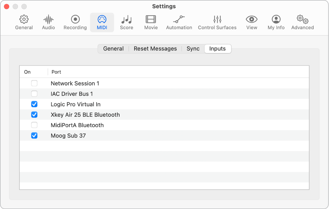 Figure. MIDI Inputs settings.