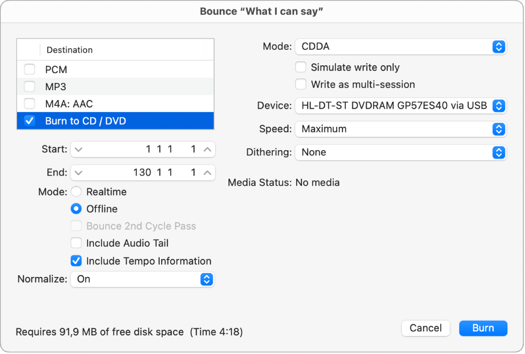 Figure. Burn options in the Bounce window.