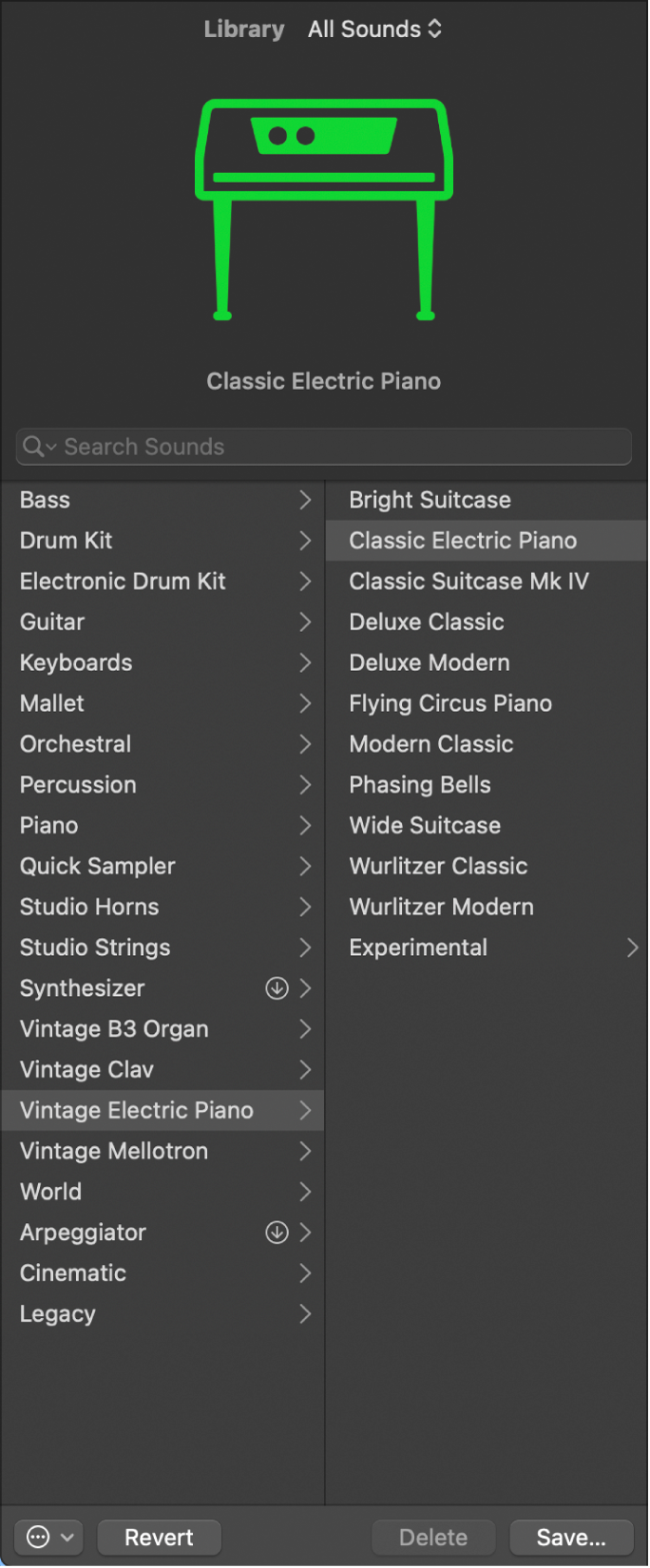 Figure. The Library with the Piano category and a Grand Piano patch selected.