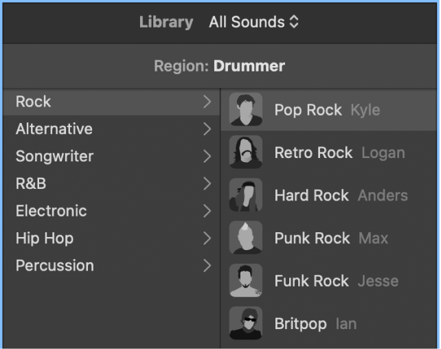 Figure. Library Drummer menu showing track-based settings.