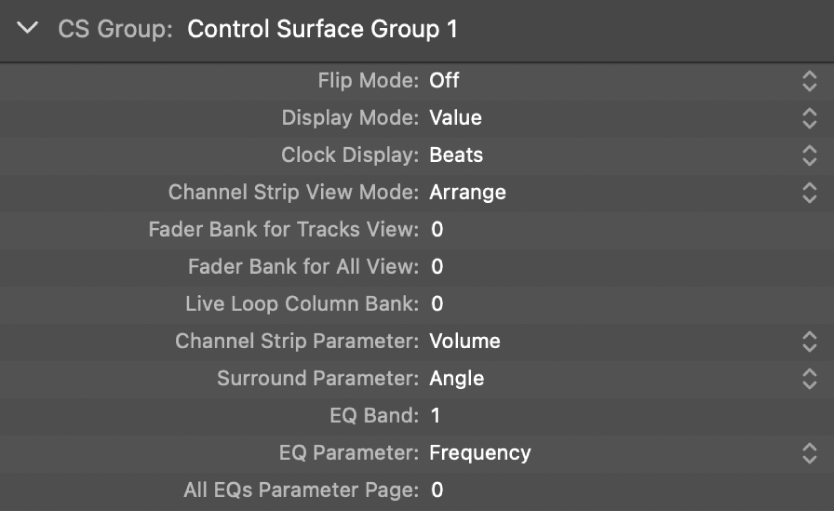 Figure. Picture of Control Surface Group display parameters.