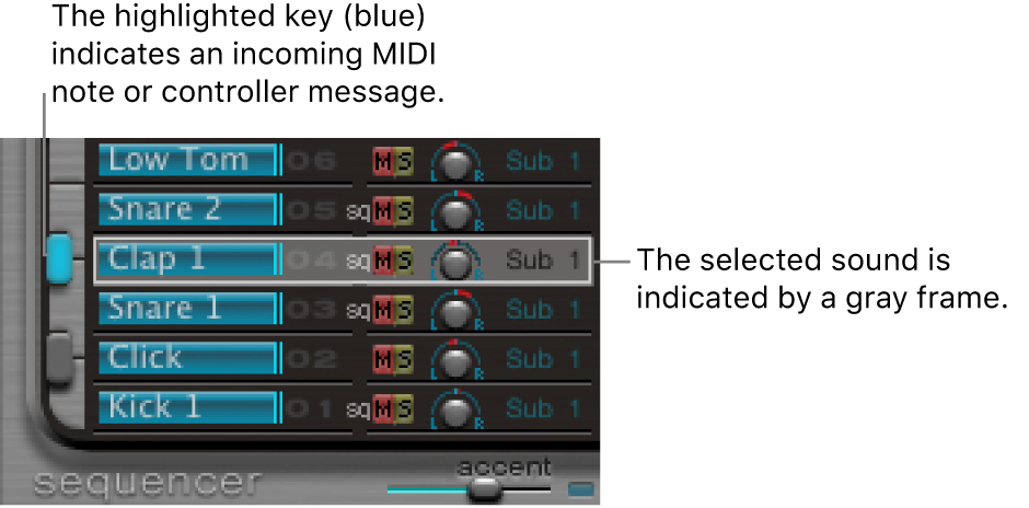 Figure. Assignment section, showing a selected sound and a triggered sound.