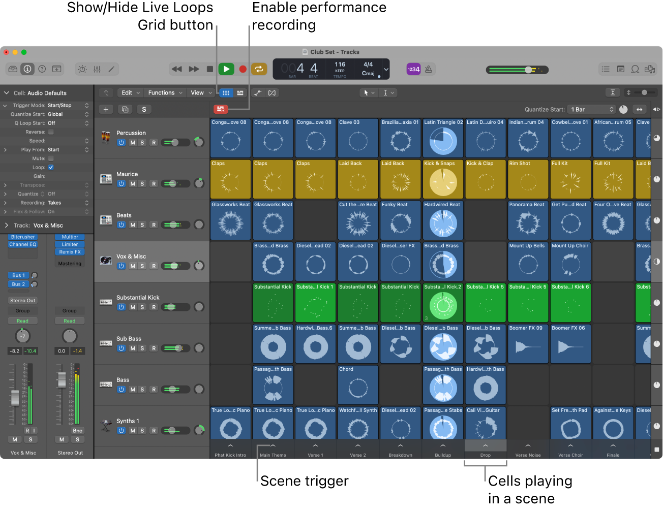 Figure. Live Loops grid with cells playing.