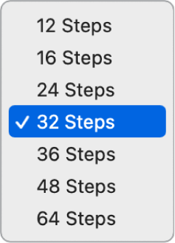 Step Sequencer Pattern Length pop-up menu open, showing choices.