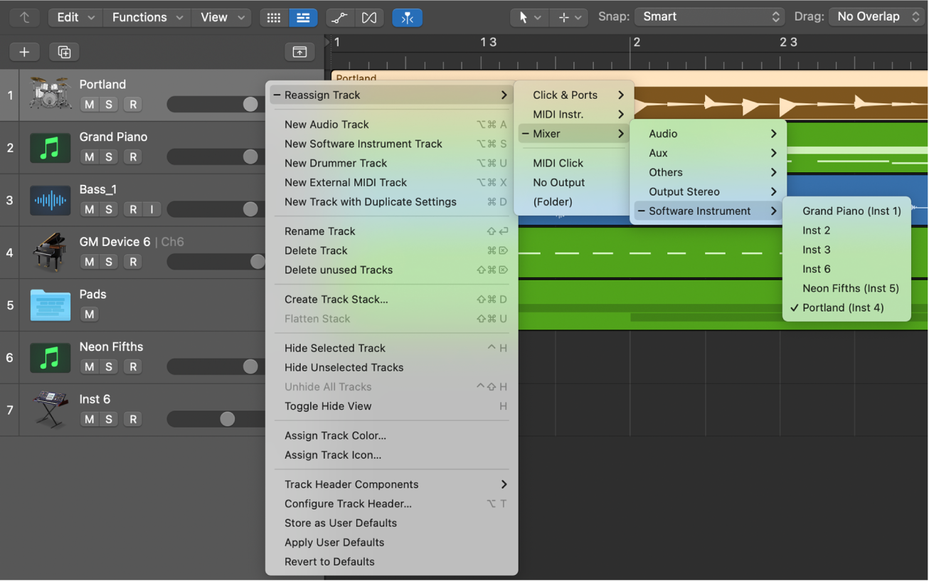 Figure. Reassign Track shortcut menu showing destinations.