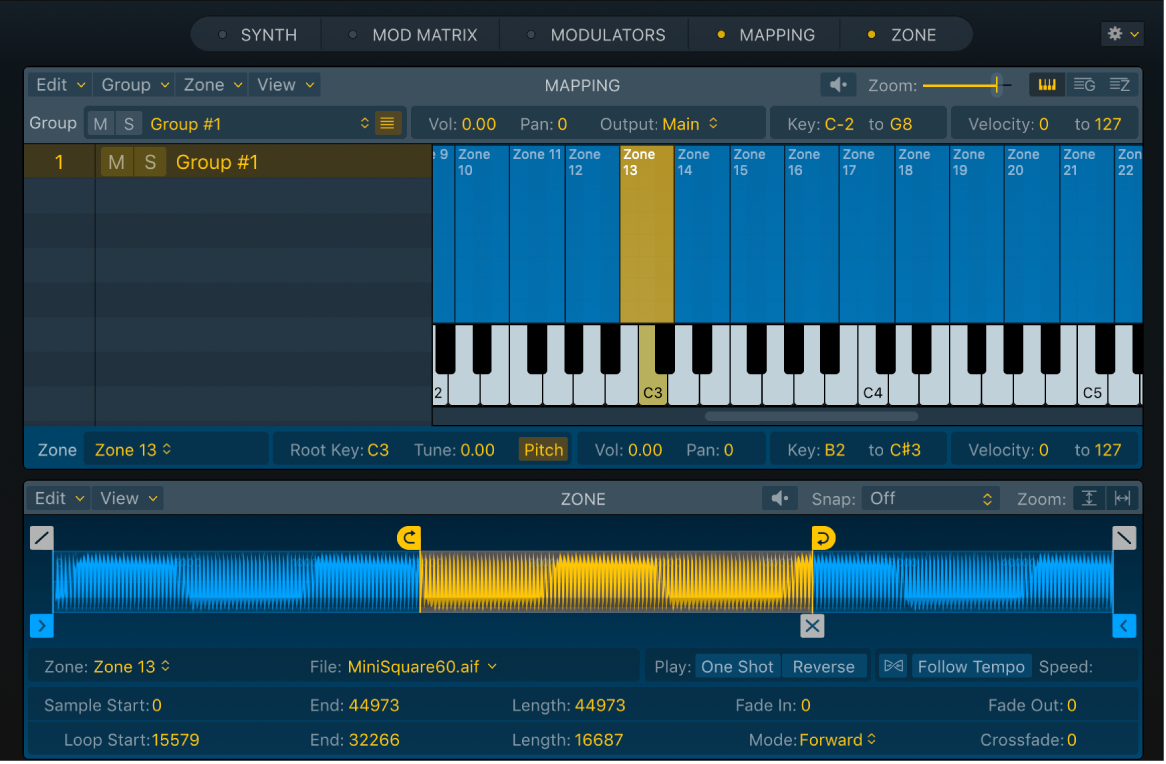 Figure. Sampler Mapping and Zone panes, showing the Key Mapping Editor with a selected sample which is mirrored in the Zone pane.