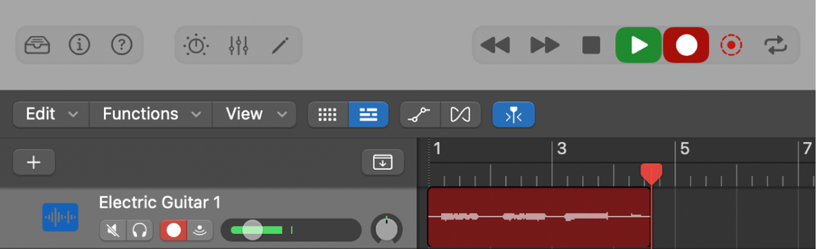 Figure. An audio track in the Tracks area, showing a new audio region being recorded.