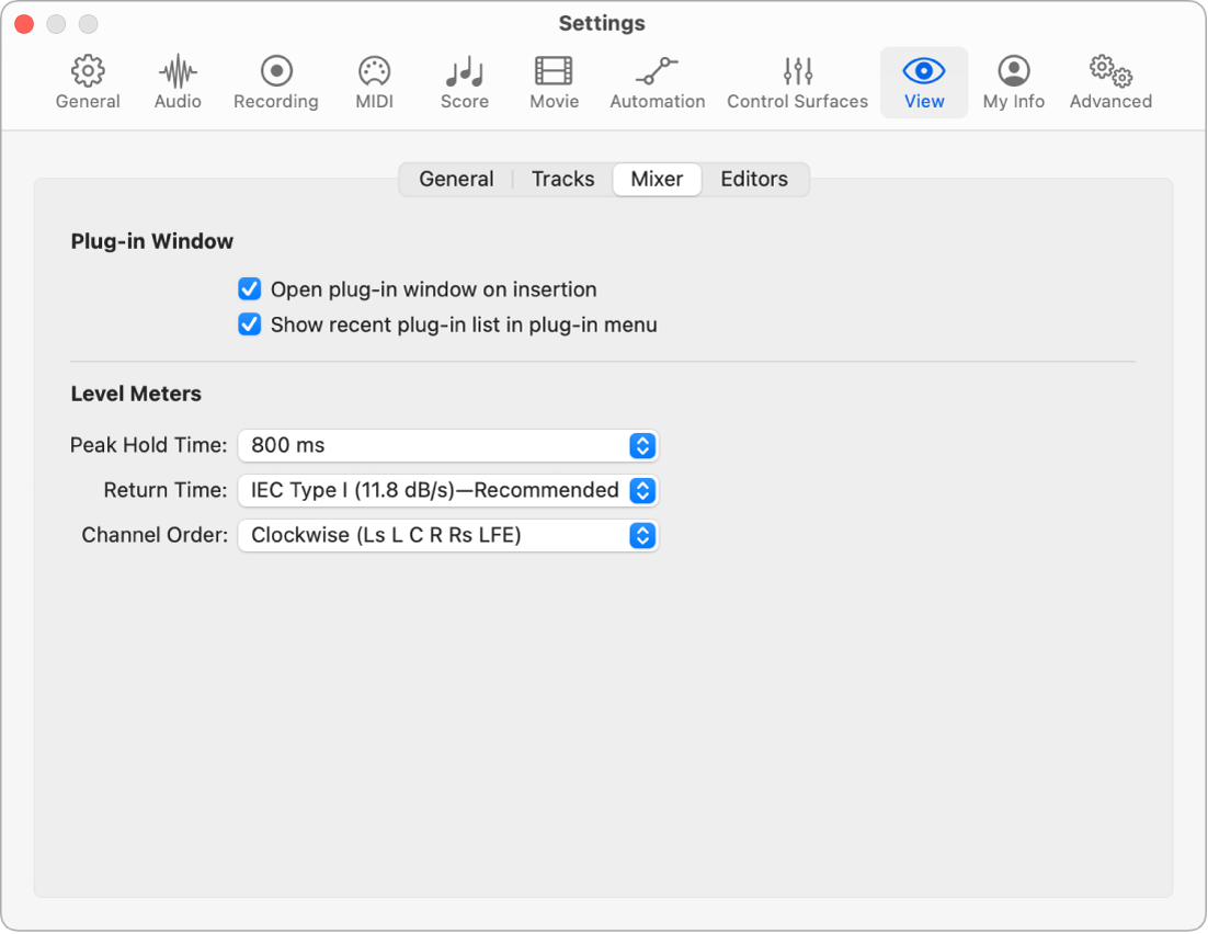 Figure. Mixer View settings.