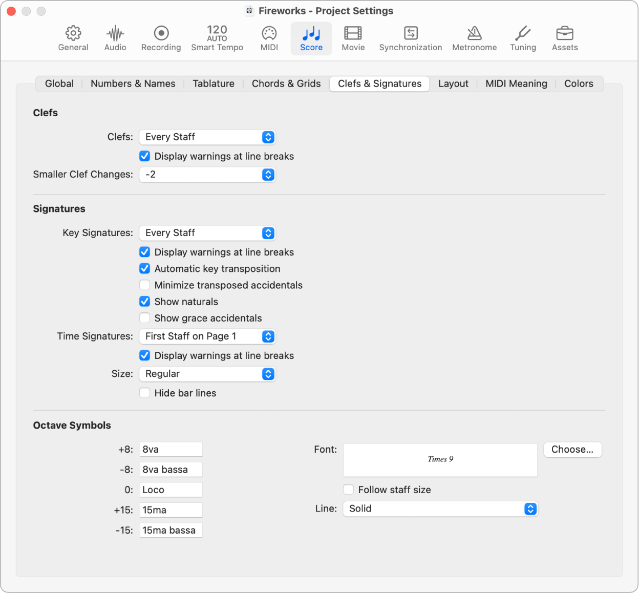 Figure. Clefs & Signatures project settings.