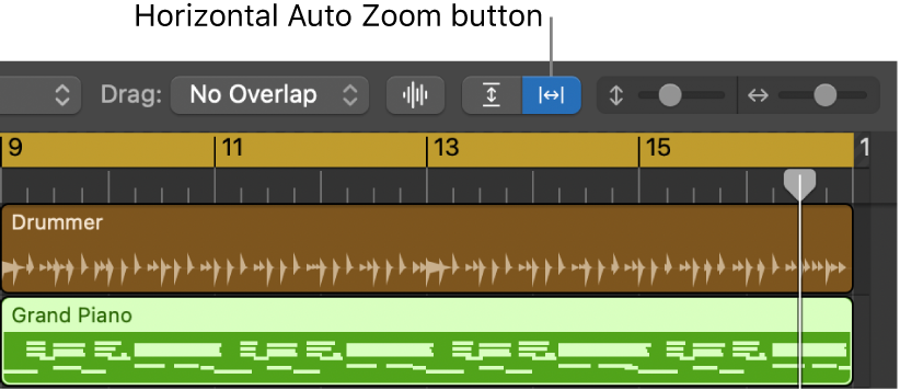 Waveform Zoom, Vertical Auto Zoom and Horizontal Auto Zoom controls in the Tracks Area menu bar.