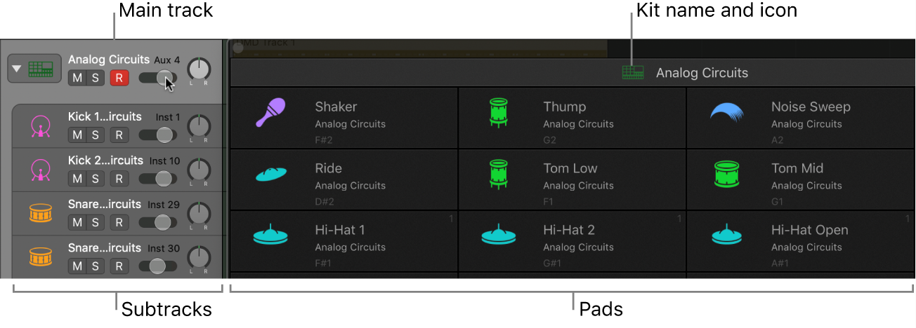 Figure. Drum Machine Designer window shown beside corresponding main and subtracks.