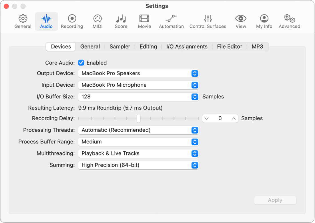 Figure. Audio Devices settings.