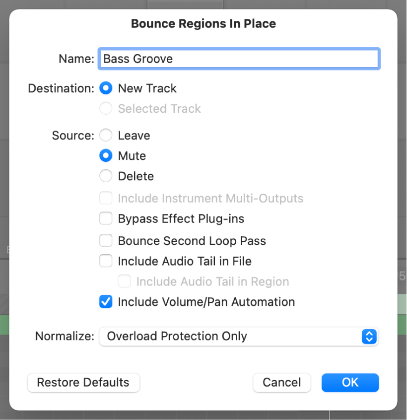 Figure. Bounce Cells in Place dialog.