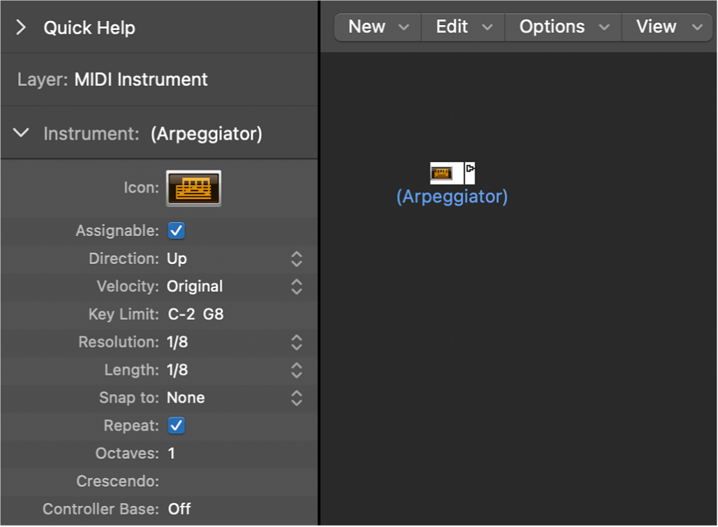 Figure. Environment window showing an arpeggiator object and its inspector.