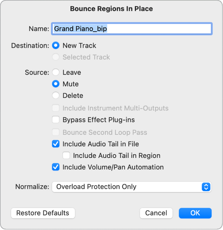 Figure. Bounce Regions in Place dialog.