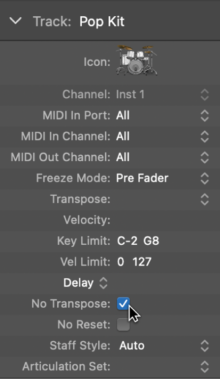 Figure. Track Parameter box with the No Transpose checkbox selected.