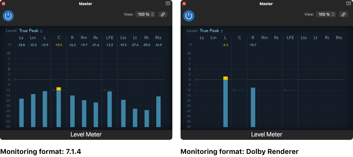 Figure. Level Meter display for different monitoring formats.