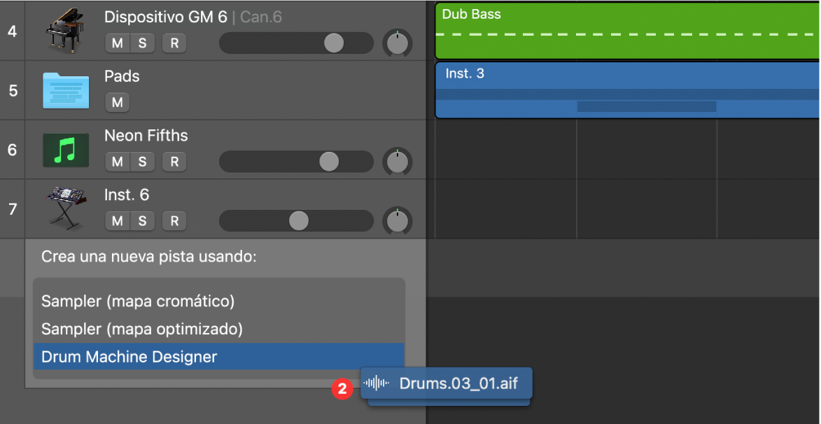 Arrastre de varios archivos de audio bajo el área de las cabeceras de pista con las diferentes opciones disponibles.