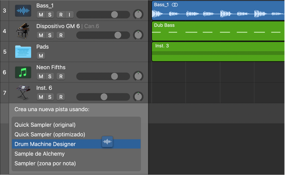 Arrastre de un archivo de audio individual bajo el área de las cabeceras de pista con las diferentes opciones disponibles.