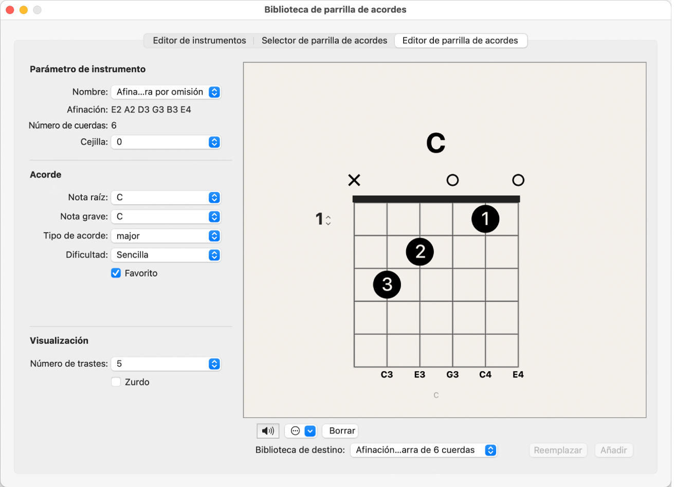 Ilustración. Panel “Editor de parrilla de acordes” en la ventana “Biblioteca de parrilla de acordes”.