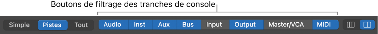 Figure. Boutons de filtre de tranches de console, avec quelques tranches de console sélectionnées.