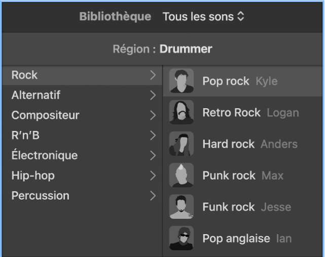 Figure. Bibliothèque affichant les genres Drummer et les drummers disponibles.