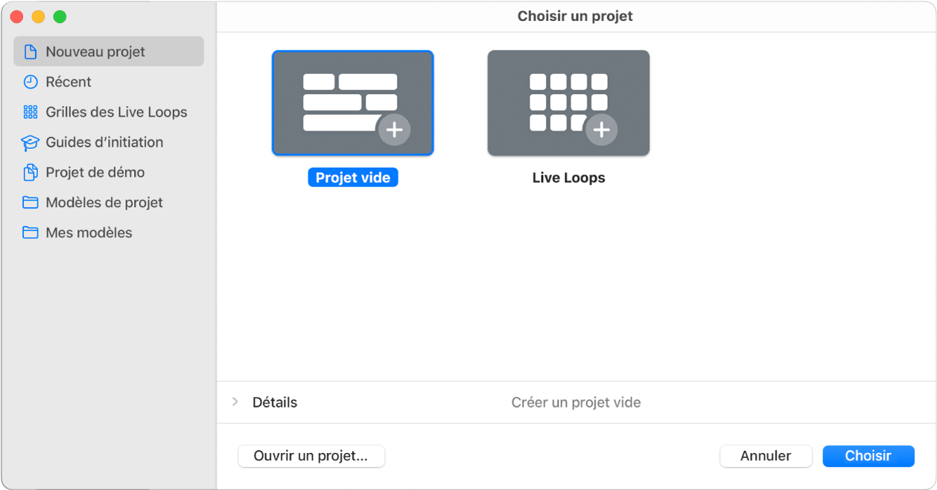 Figure. Sélecteur de projet avec l’option Projet vide sélectionnée.