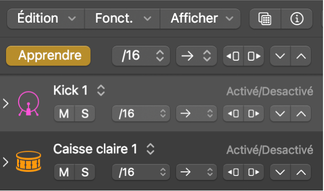 Bouton Mode d’apprentissage (Attribuer) actif dans la barre des menus du séquenceur pas à pas.