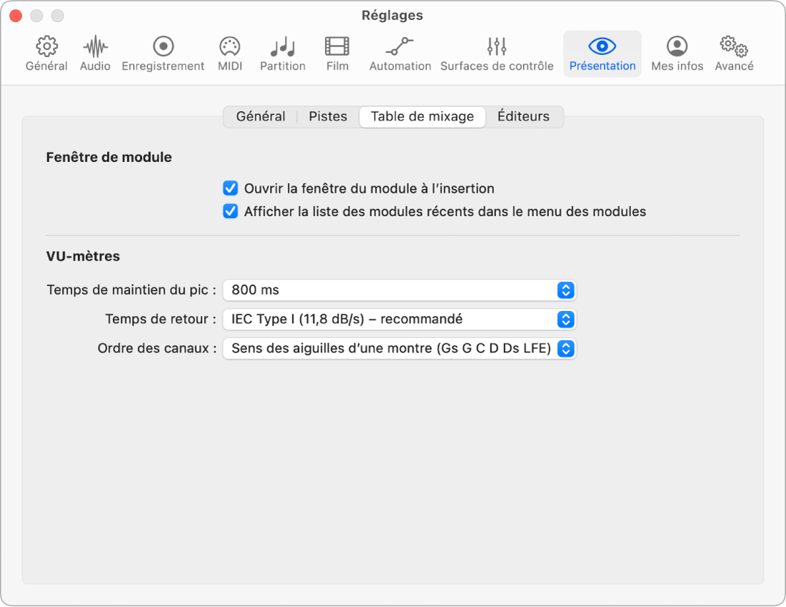 Figure. Réglages de la présentation Table de mixage.