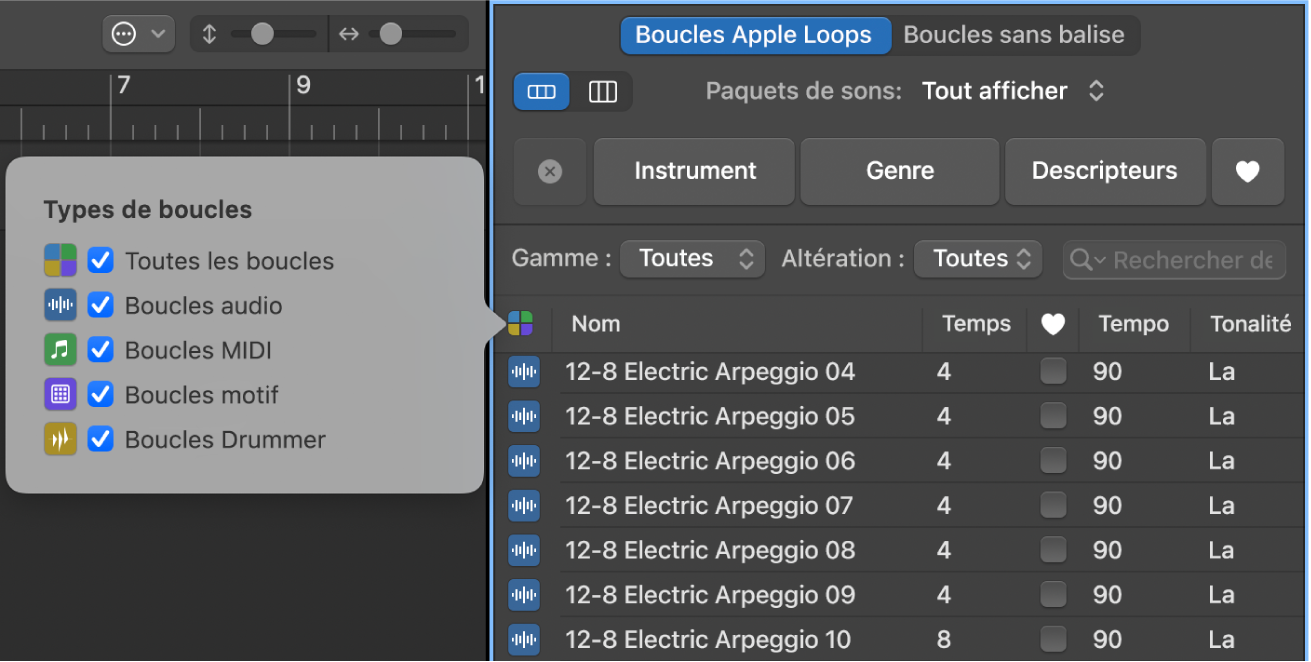 Figure. Menu local Types de boucles :