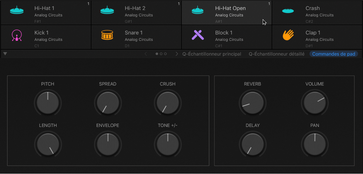 Figure. Drum Machine Designer avec un pad sélectionné affichant les paramètres Smart Controls de pièce d’ensemble.