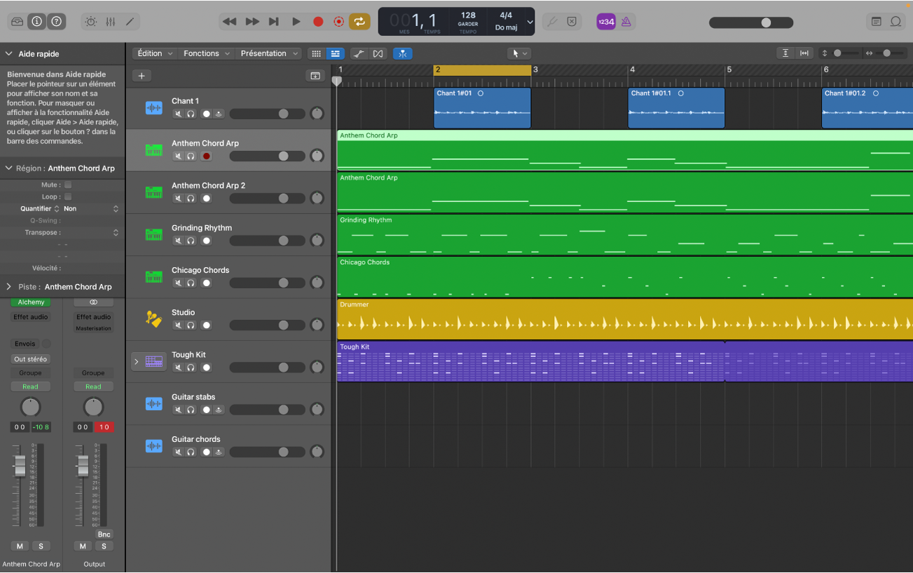 Figure. Zone Pistes montrant des régions audio, d’instrument logiciel et de drummer.