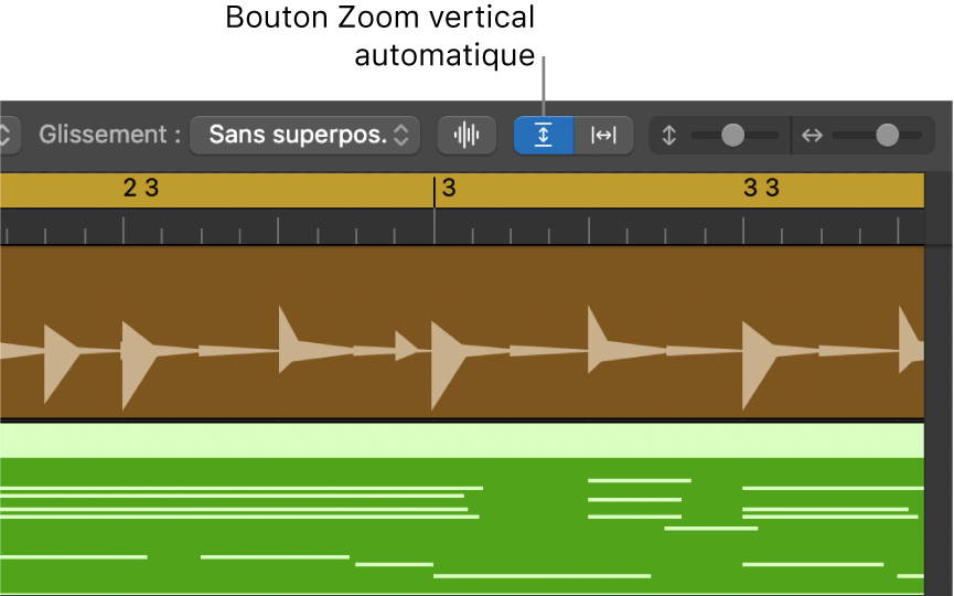 Commandes Zoom de forme d’onde, Zoom vertical automatique et Zoom horizontal automatique dans la barre des menus de la zone Pistes.
