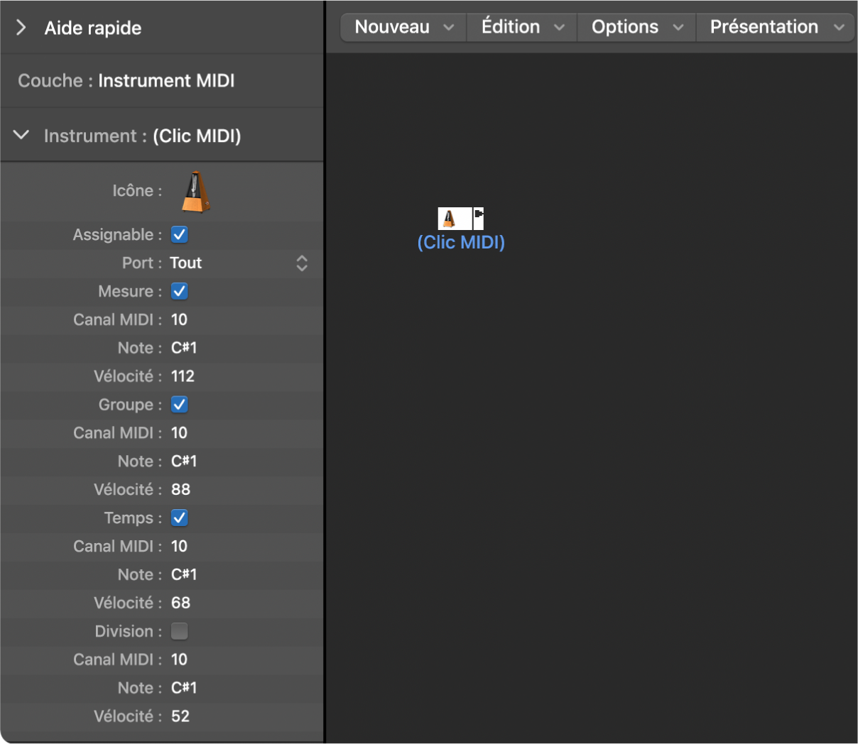 Figure. Fenêtre Environnement affichant un objet Clic MIDI et son inspecteur.