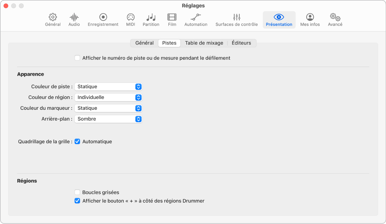 Figure. Réglages de la présentation Pistes.