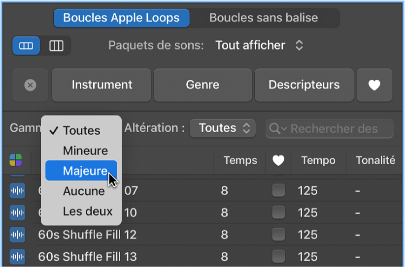 Figure. Menu local Gamme dans le navigateur de boucles.