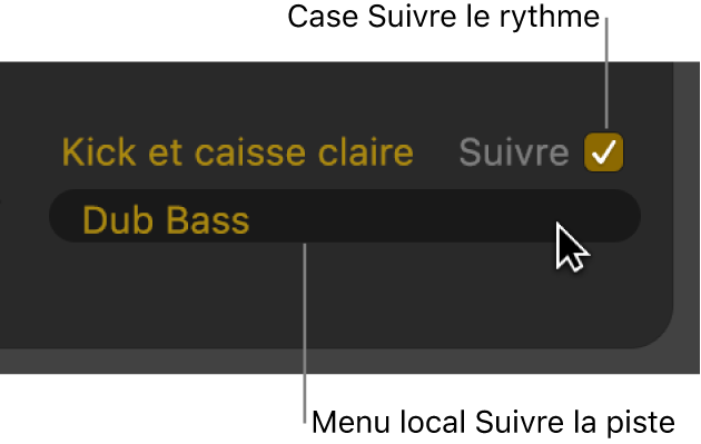 Figure. Case Suivre et menu local Suivre la piste dans l’éditeur de drummer.