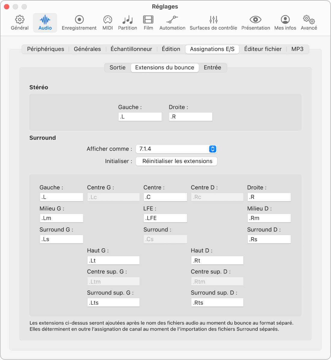 Figure. Réglages Extensions du bounce.