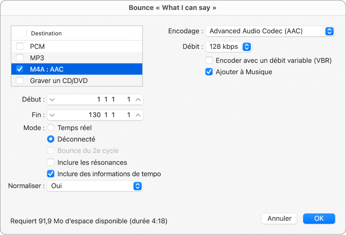 Figure. Options du format M4A AAC dans la fenêtre Bounce.