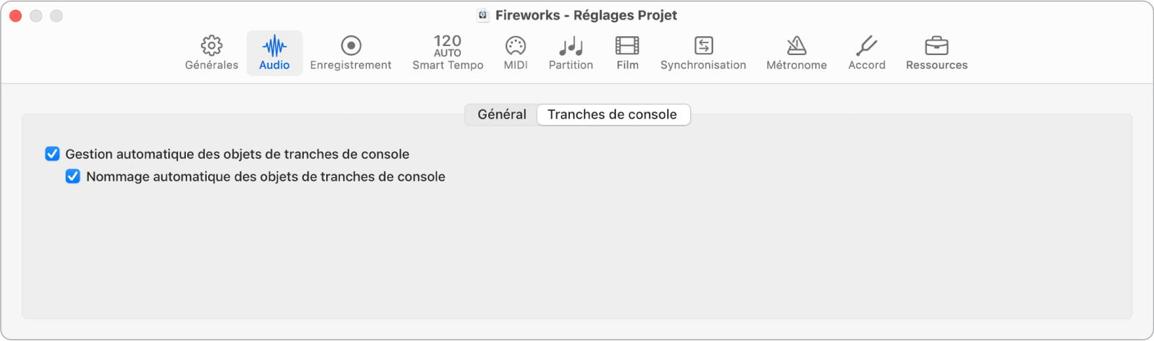 Figure. Réglages des tranches de console du projet.