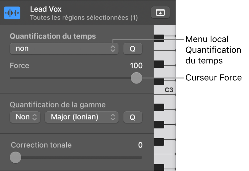 Figure. Menu local Quantification du temps et curseur Force.