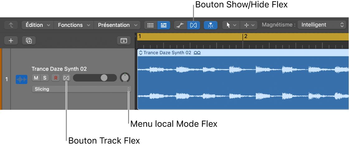 Figure. Bouton Flex et menu local Mode Flex dans l’en-tête d’une piste audio.