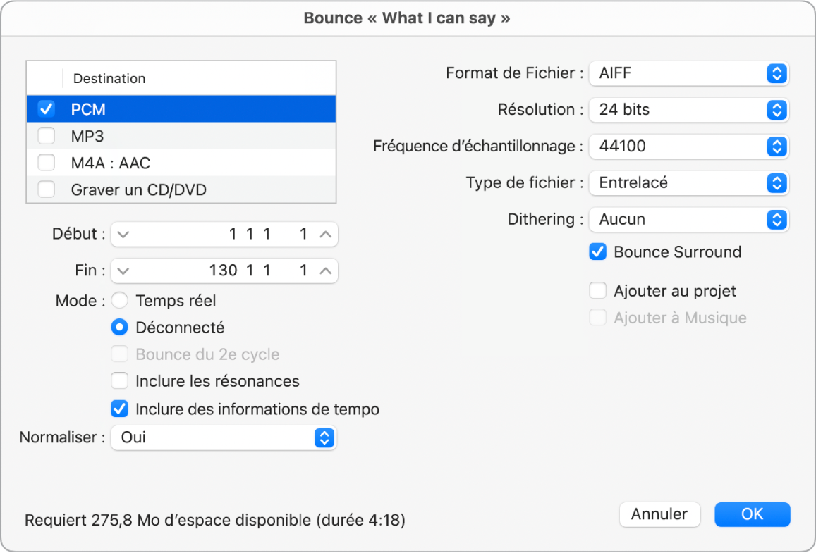 Figure. Options PCM dans la fenêtre Bounce.