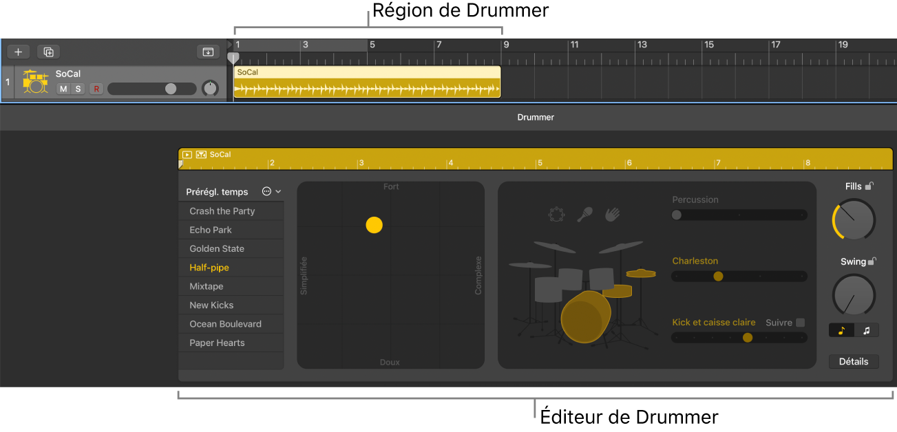 Figure. Piste d’instrument logiciel contenant des régions Drummer avec éditeur de drummer en dessous.