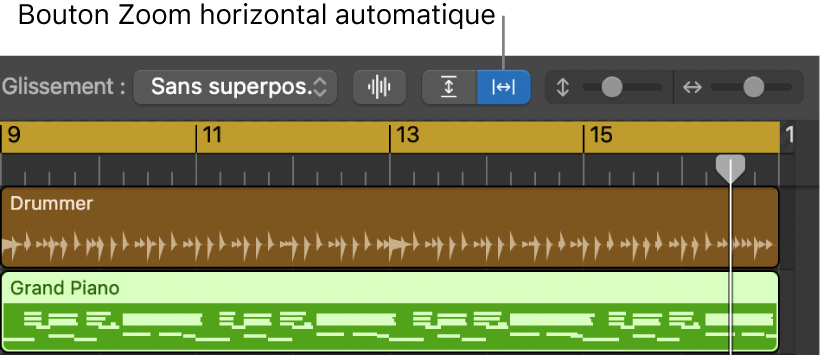 Commandes Zoom de forme d’onde, Zoom vertical automatique et Zoom horizontal automatique dans la barre des menus de la zone Pistes.