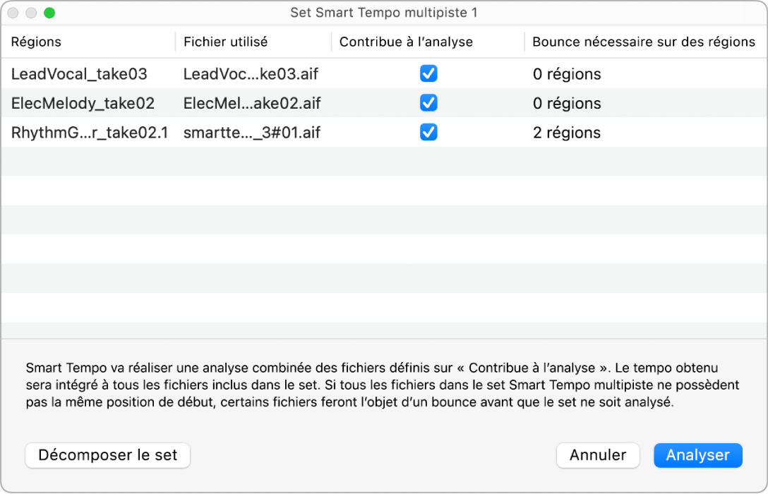 Figure. Fenêtre Set Smart Tempo multipiste montrant les fichiers audio employés dans le set multipiste.